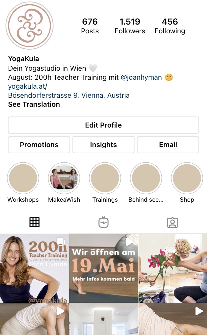 YogaKula yoga studio Instagram profile showing 676 posts, 1,519 followers, 456 following with studio location in Vienna, Austria and upcoming 200-hour teacher training